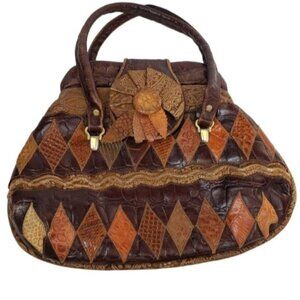 Vintage Leather Patchwork Shoulder Bag Brown Boho Flower Child Festival